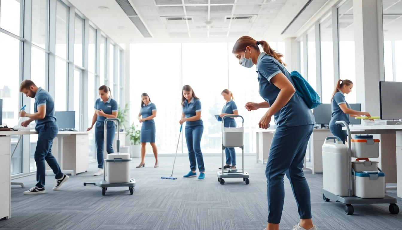 Enhancing commercial cleaning services Melbourne in a modern office, showcasing a professional cleaning team.