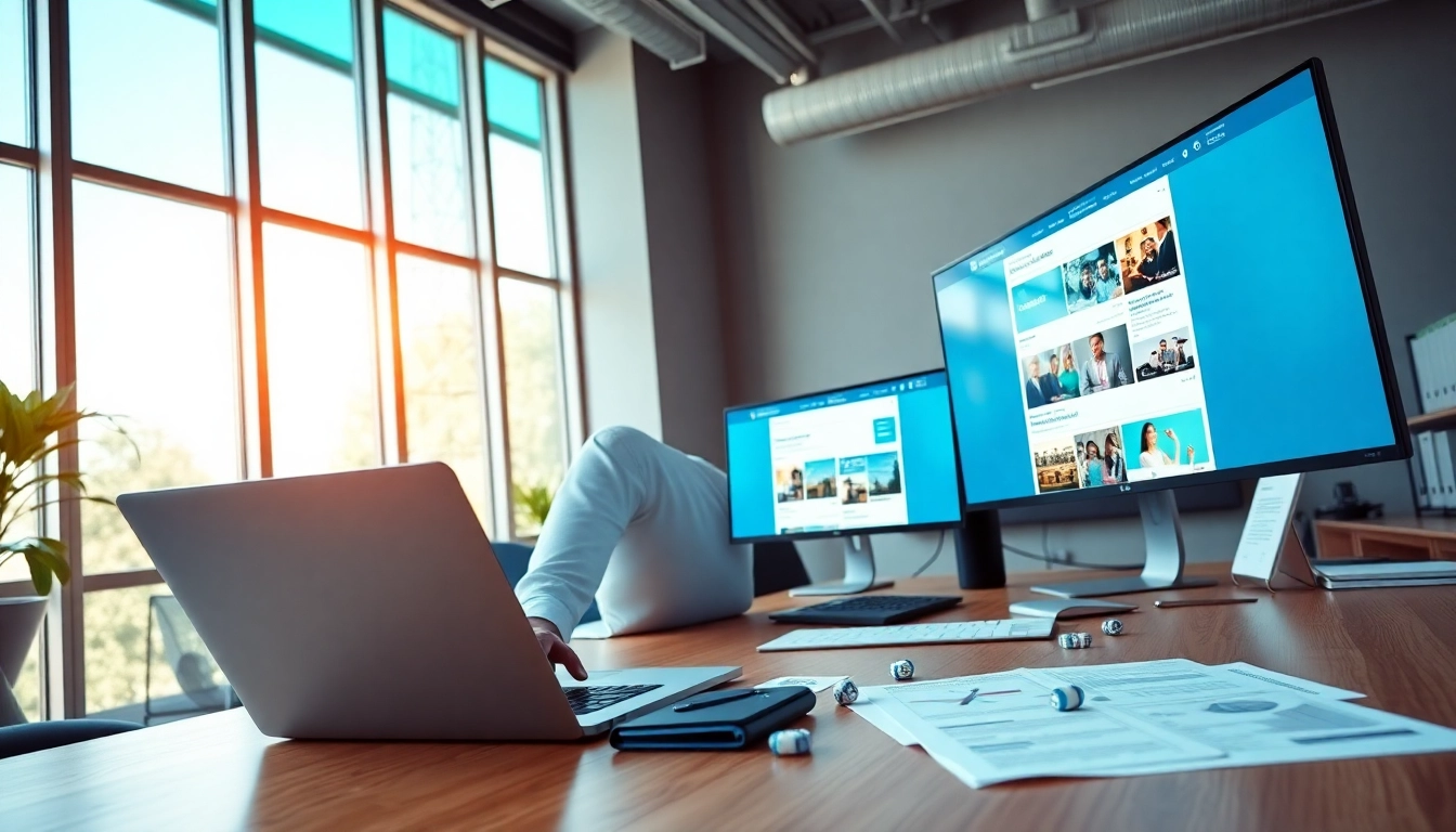 Visualize Social media and blog automation through a marketer engaging with digital tools in a vibrant workspace.
