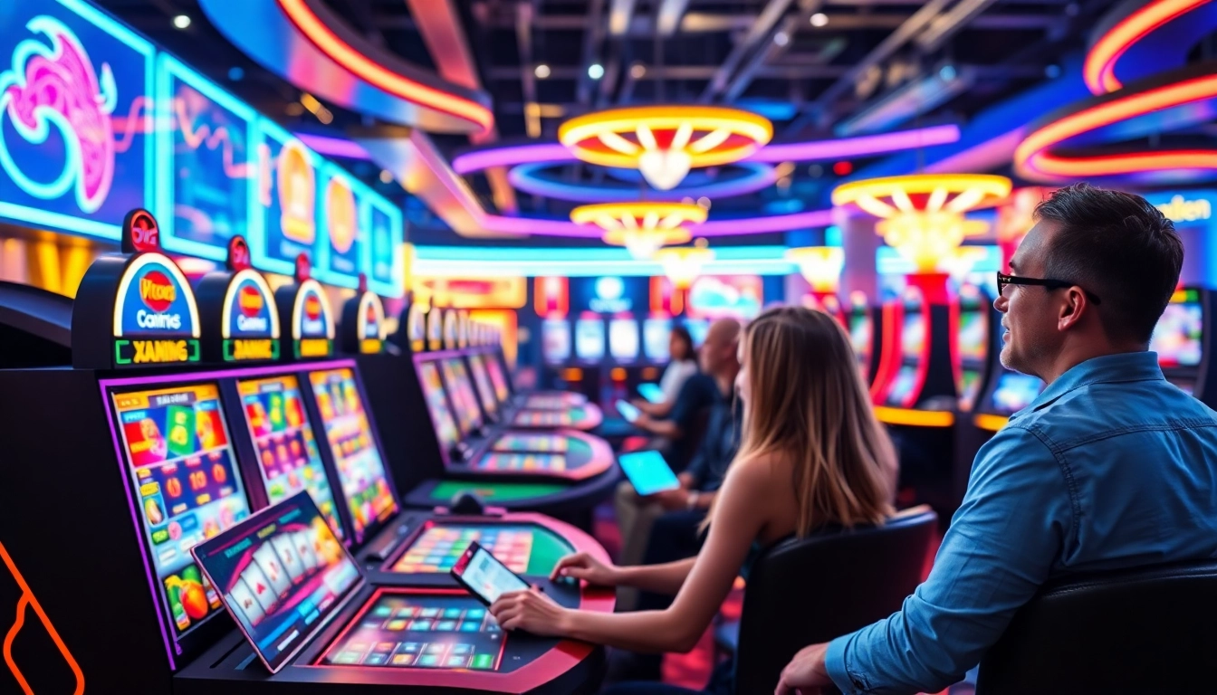 Engaging We1Win online casino gaming setup with players enjoying vibrant slot machines and poker tables.