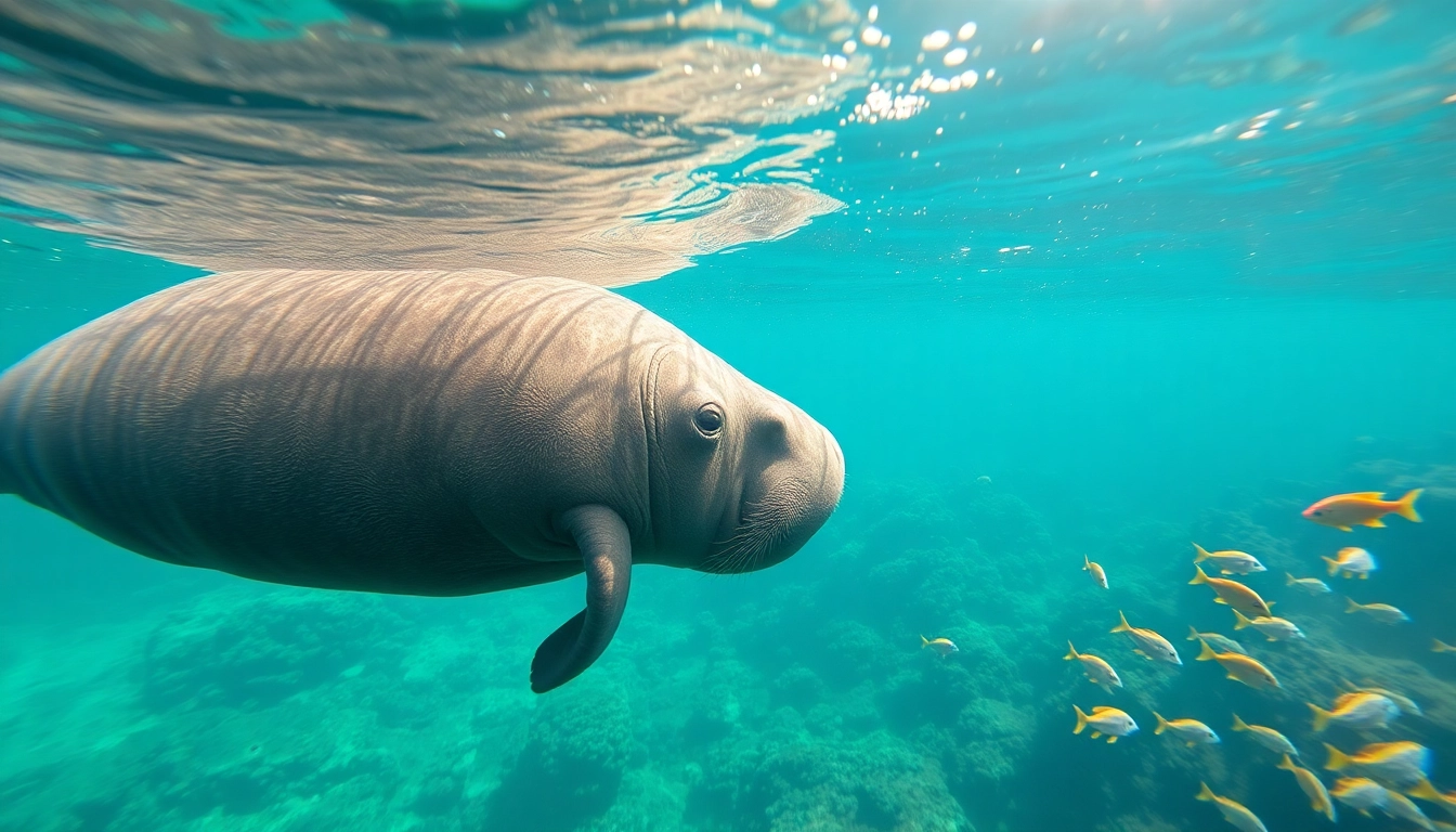 Manatees Puerto Rico swimming gracefully in a clear lagoon, surrounded by colorful coral reefs.