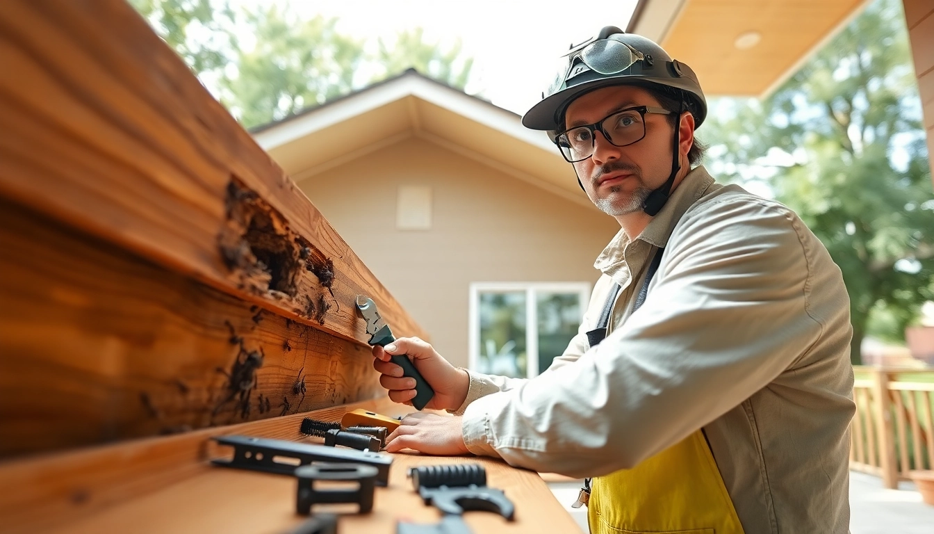 Expert conducting termite treatments on wooden structures during a natural light inspection.