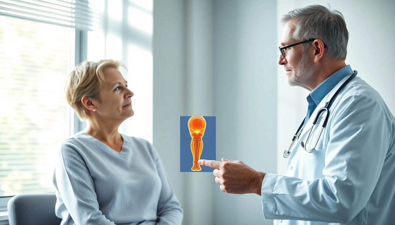Beratung über Arthrose mit Patient und Arzt in moderner Klinik, beruhigende Atmosphäre.
