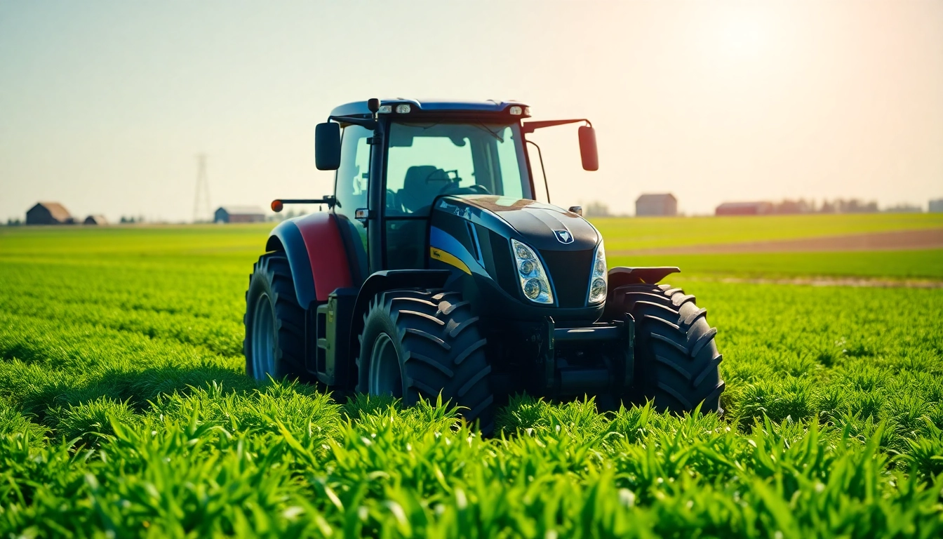 Der New Holland Traktor wird effizient auf dem Feld eingesetzt, umgeben von üppigen Pflanzen.