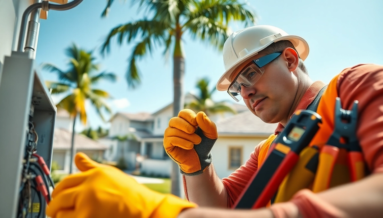 Electrician Clearwater performing electrical repairs in a sunny residential neighborhood.