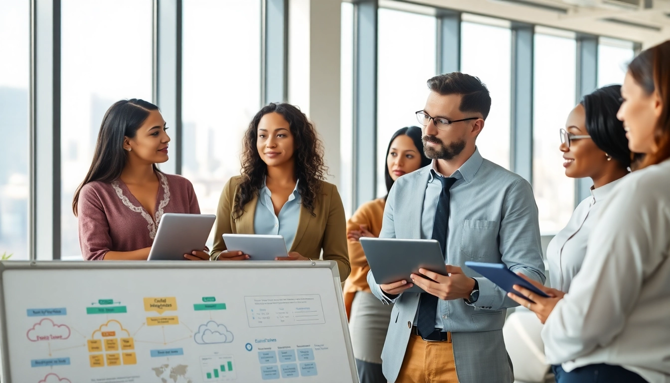 Specialist die de voordelen van cloud migratie uitlegt aan een team in een moderne kantooromgeving.