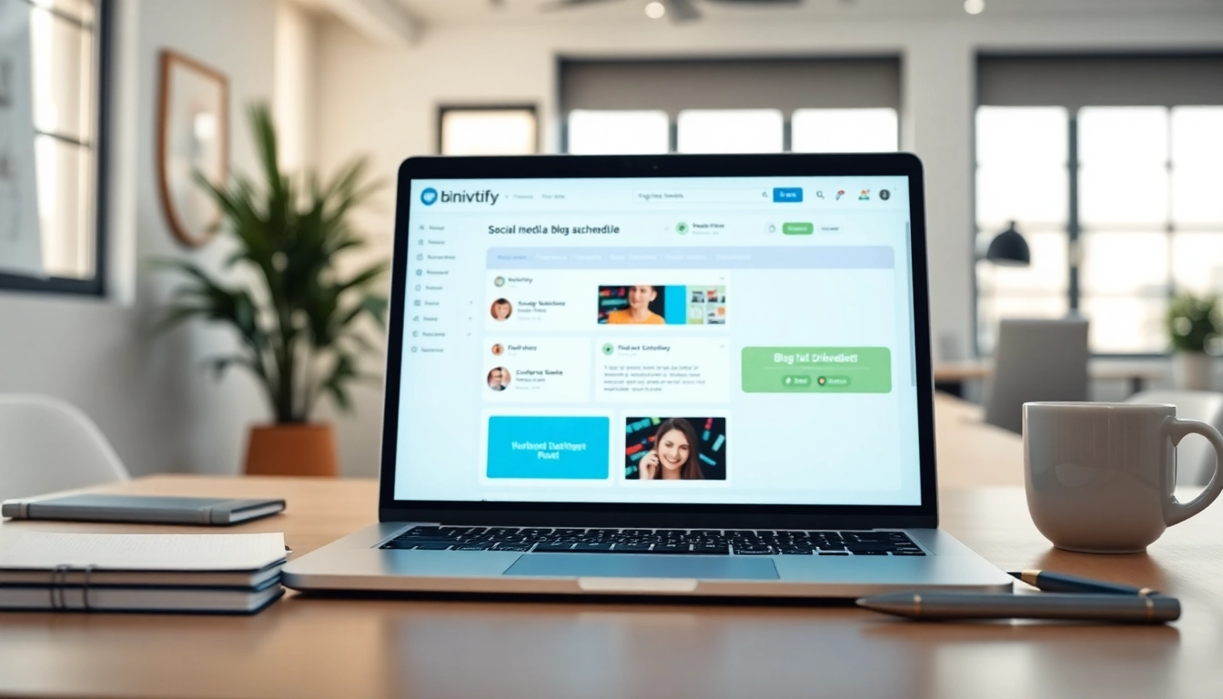 Visual representation of social media and blog automation through a modern digital workspace.