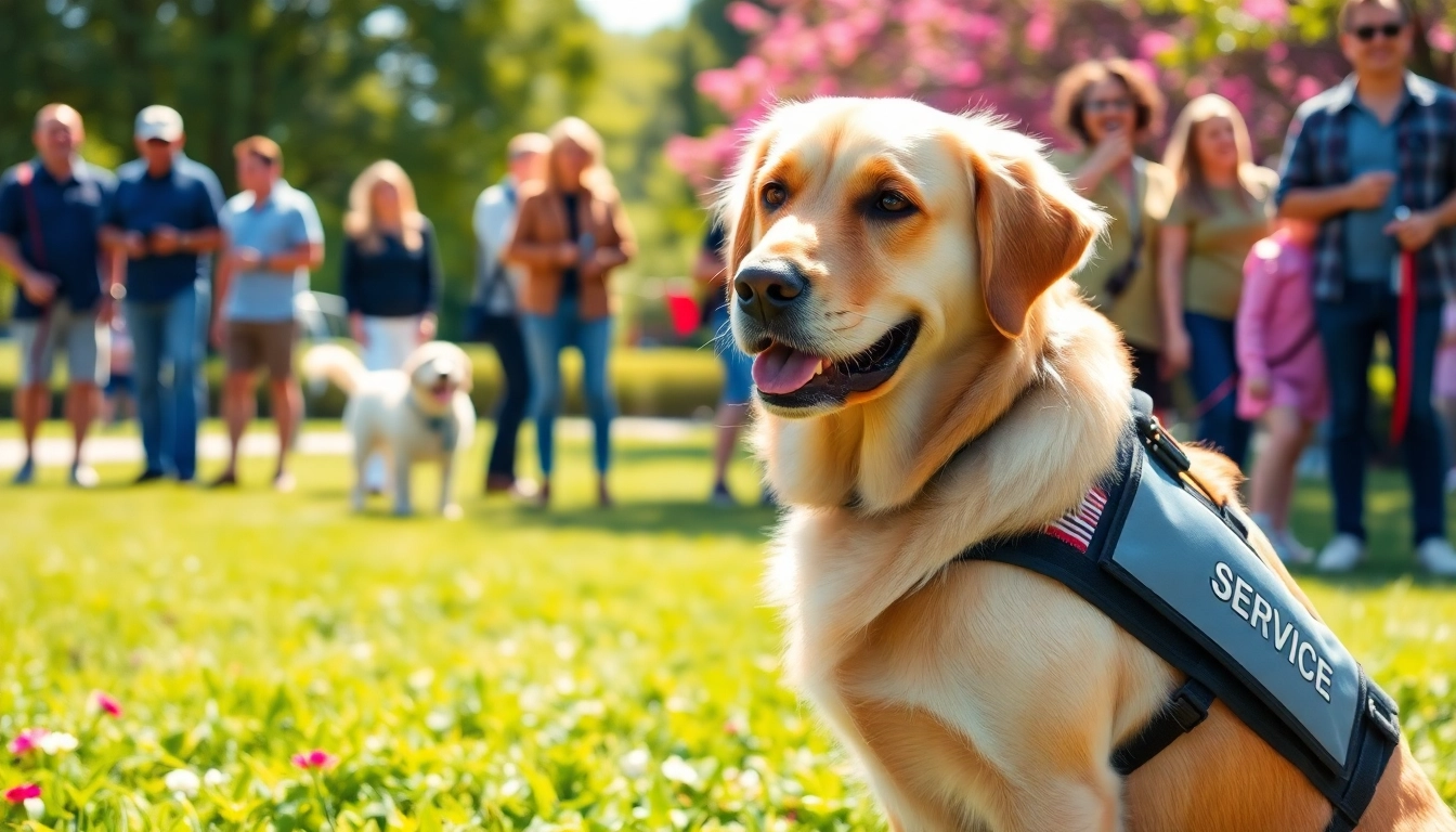 Buy a service dog in a peaceful park setting with a well-trained golden retriever wearing a service vest.