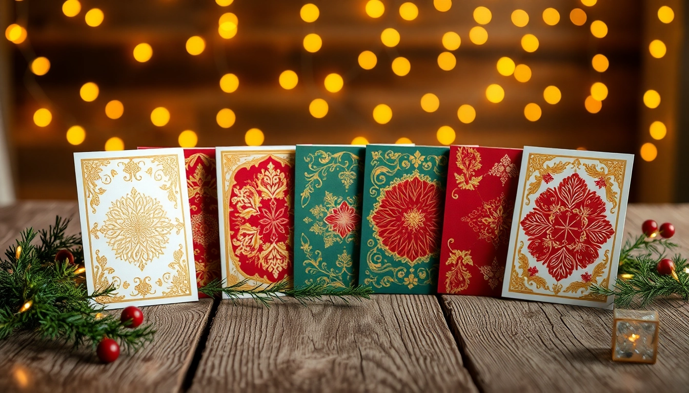Showcasing luxury Christmas cards London with elegant designs on a rustic wooden table.