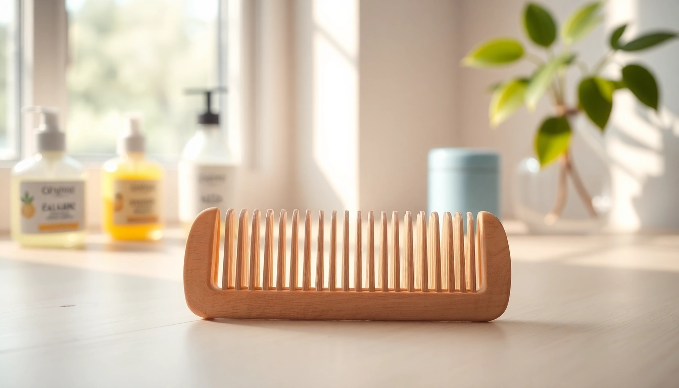 Using a curly hair comb with wide teeth to detangle thick curls and prevent breakage.