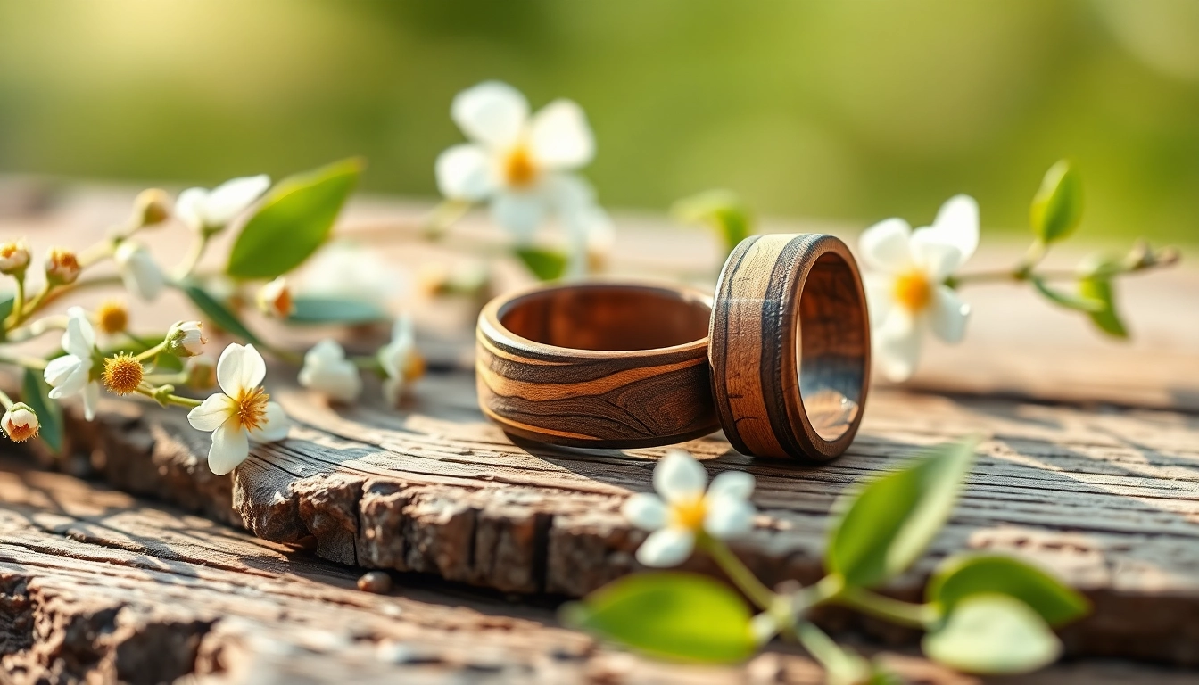 Admire the craftsmanship of Wooden Wedding Rings showcased on a wooden surface with natural decor.