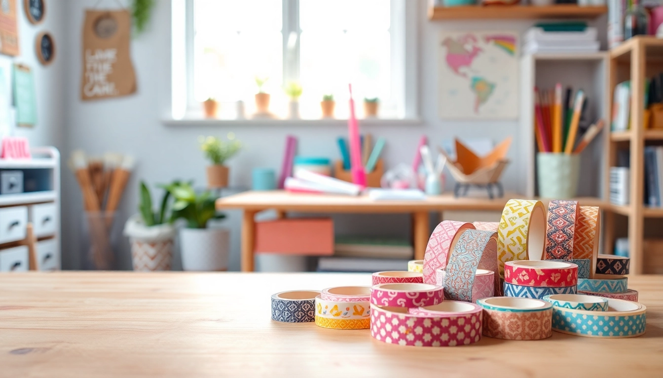 Colorful washi tape arranged artfully on a crafting table, showcasing vibrant patterns and designs.