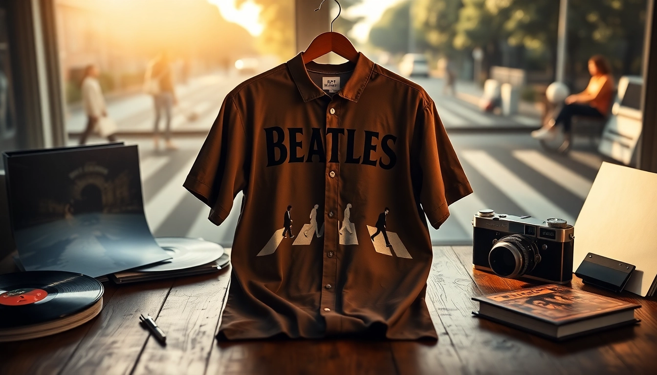 Showcasing a Beatles Abbey Road shirt elegantly presented on a wooden table with vinyl records, appealing to fans of the legendary band.