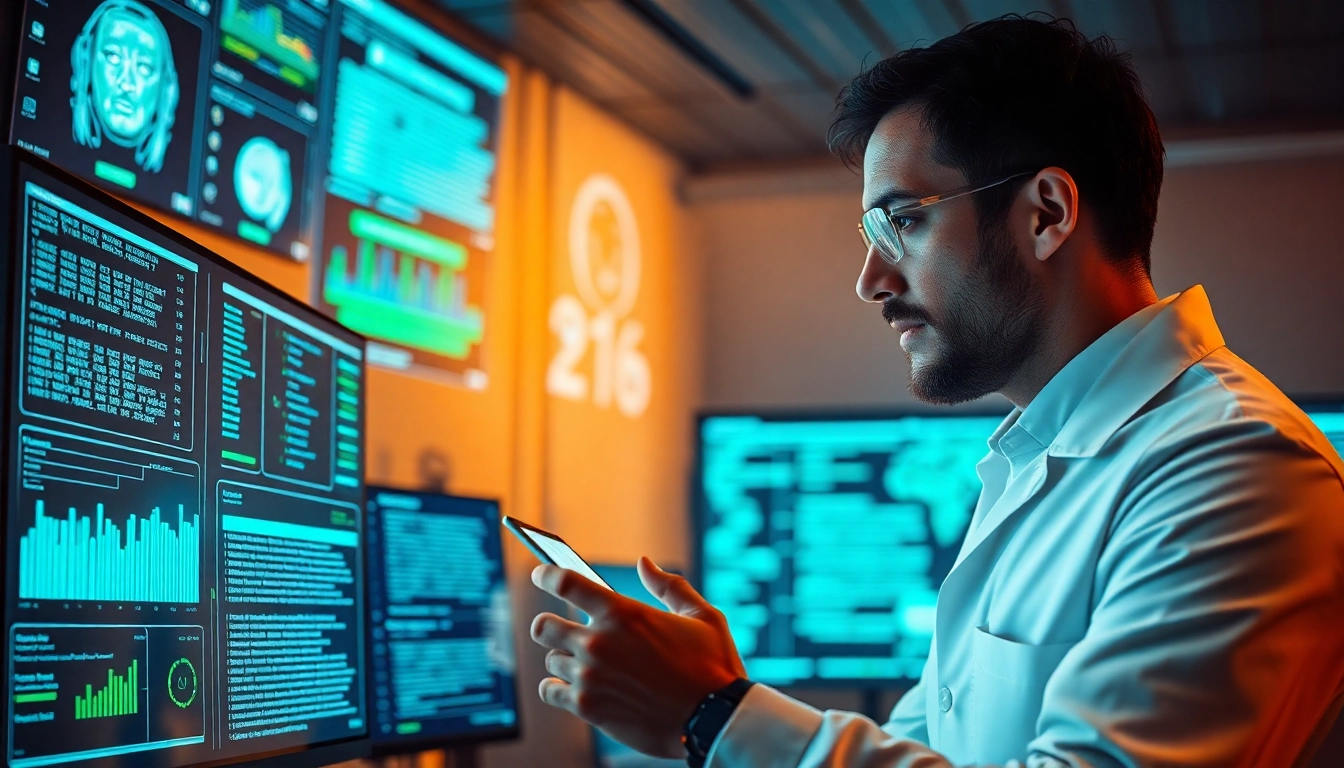 Analyze content using advanced AI detection technology with a scientist in a lab setting.