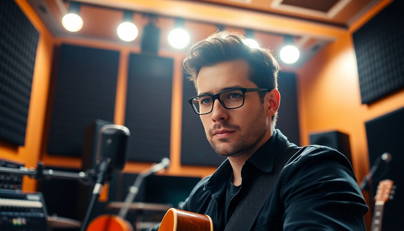 Elevate your music promotion services with a focused musician strategizing in a vibrant studio.