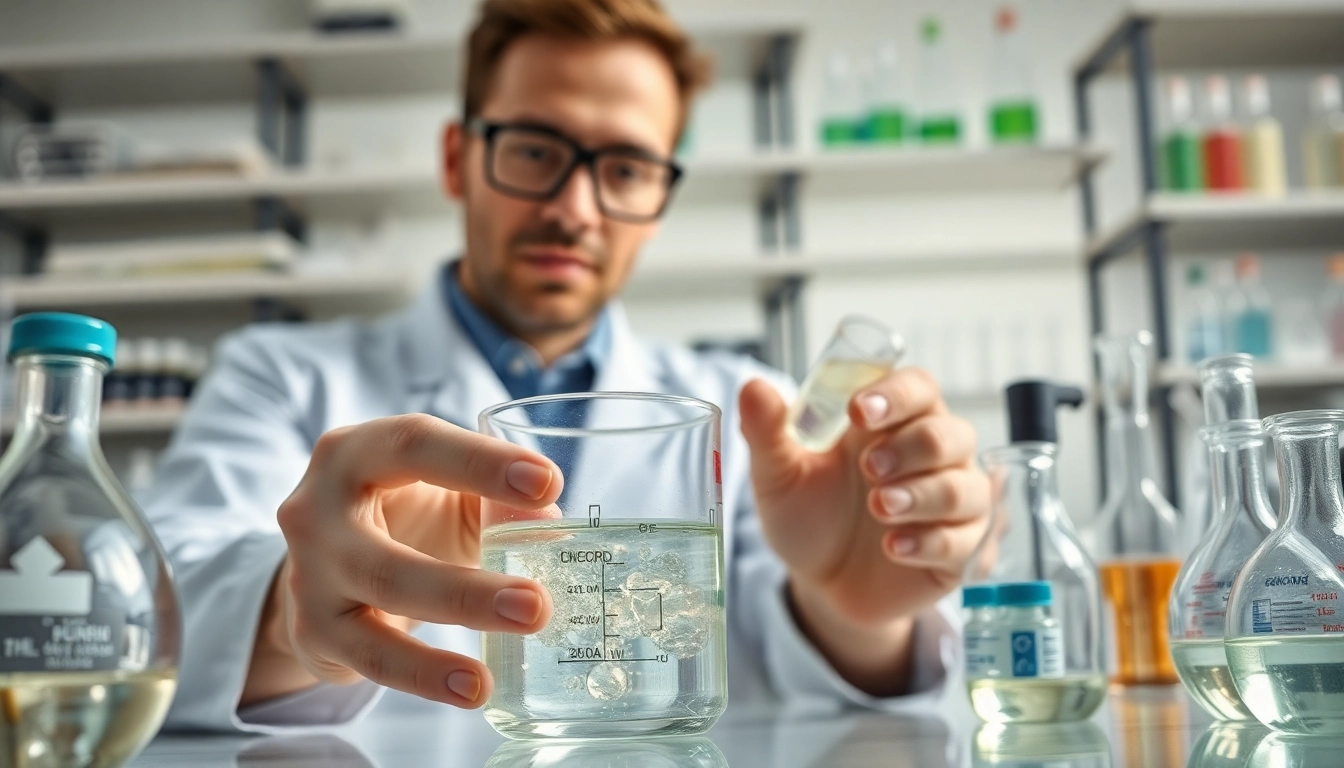 Researcher examining cellulose ethers in a lab with chemical apparatus, showcasing precision.