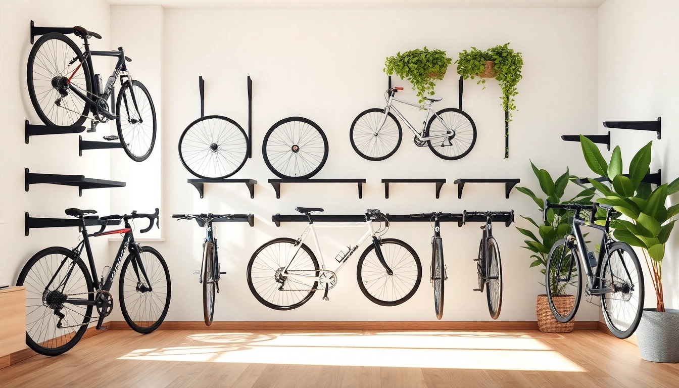 Efficient indoor bike storage showcasing a sleek, organized arrangement of various bikes on wall-mounted racks.
