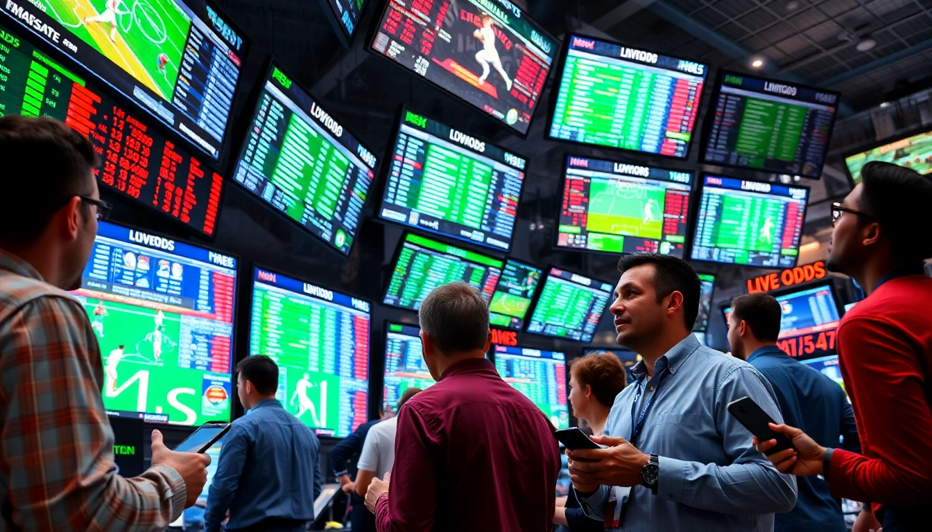 Analyze Live Odds displayed on vibrant screens in a bustling sportsbook atmosphere.
