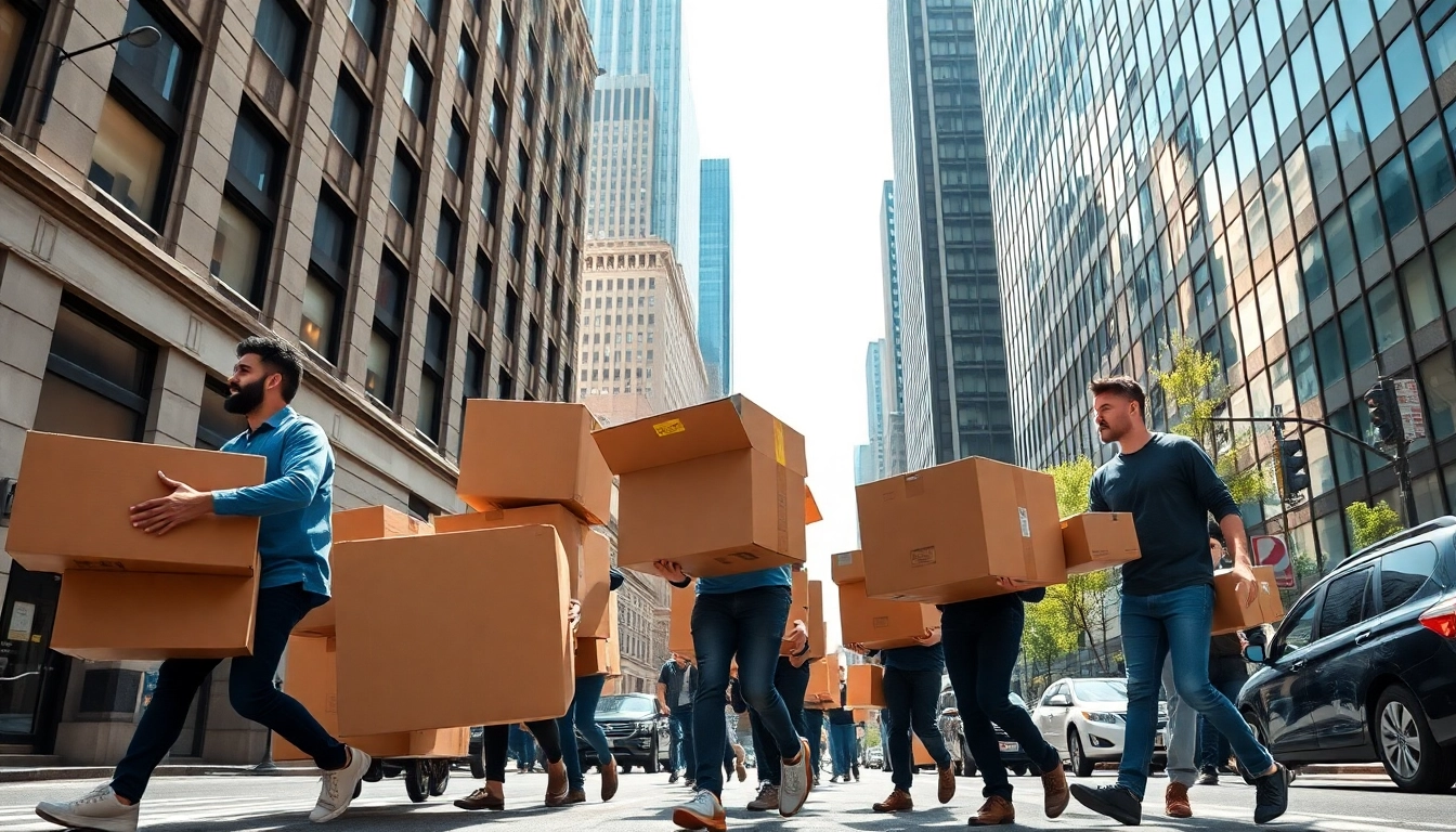 Efficient team of Cheap movers nyc transferring boxes in New York City, showcasing urban life and teamwork.