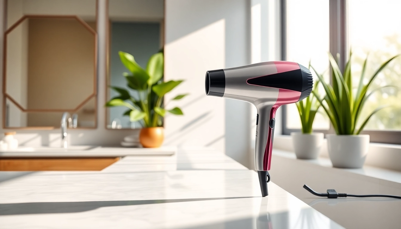 Showcasing a lightweight hair dryer on a modern bathroom countertop with natural lighting.