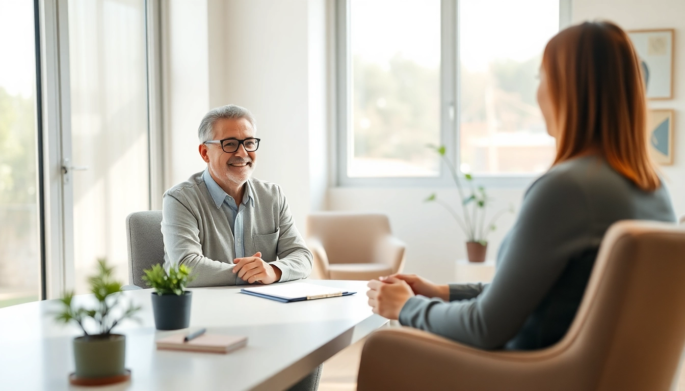 Psychologist engaging with a client in a peaceful office, enhancing mental wellness.
