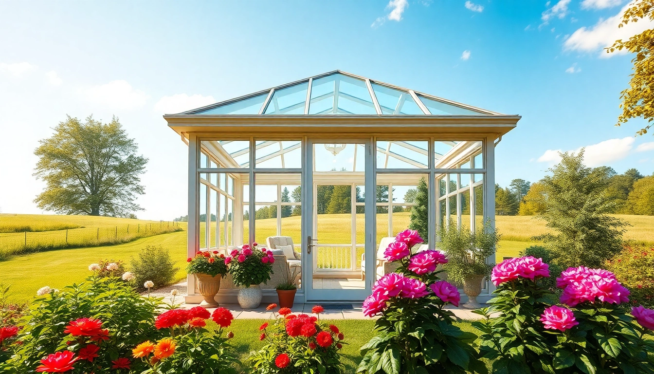 View of a four season sunroom surrounded by lush greenery, highlighting its glass structure and inviting atmosphere.