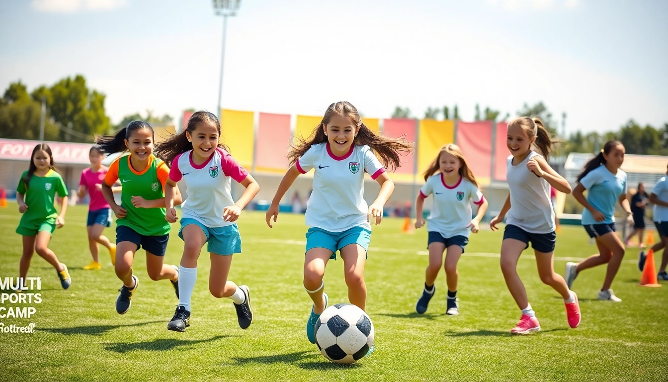 Girls participating joyfully in Multi Sports Camps for Girls, showcasing teamwork and excitement.