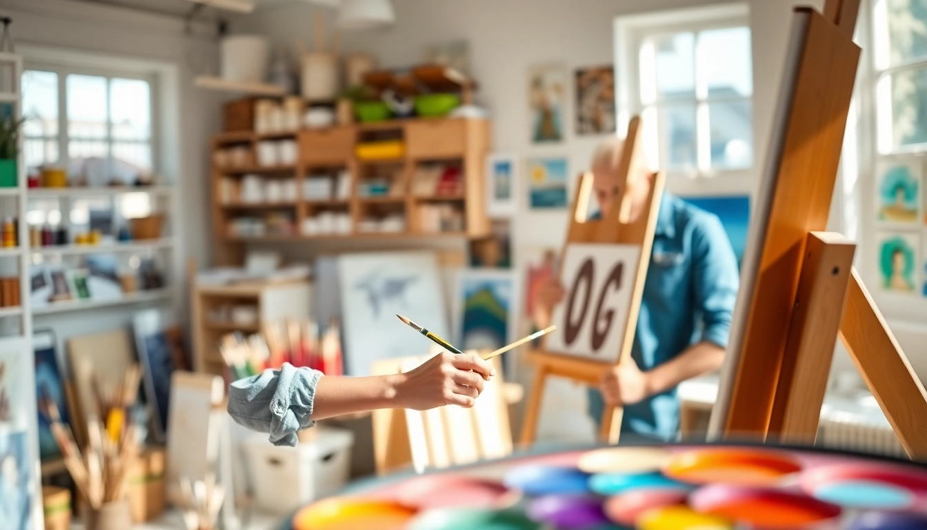 Engaging art lessons featuring a skilled artist demonstrating techniques in a lively studio environment.