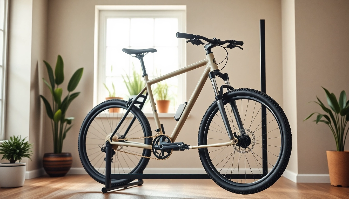 Showcase a stylish bike rack for home that elegantly holds a mountain bike, enhancing a cozy interior.