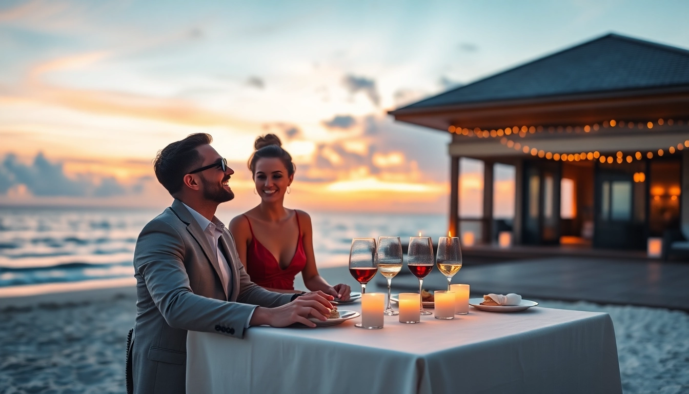 Exquisite luxury travel dinner setting on a beach at sunset, featuring elegant decor.