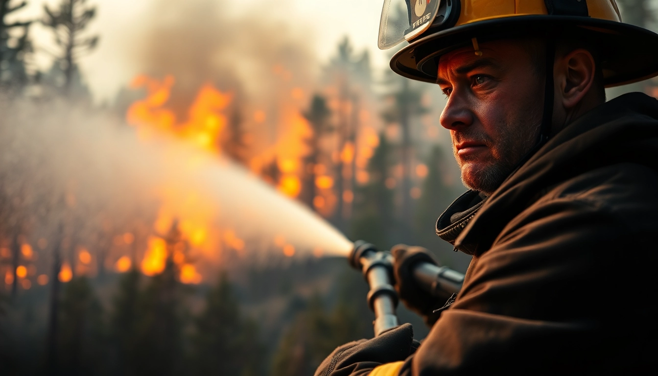 Firefighter actively battling wildfire events with flames and smoke in the background, showcasing bravery and action.