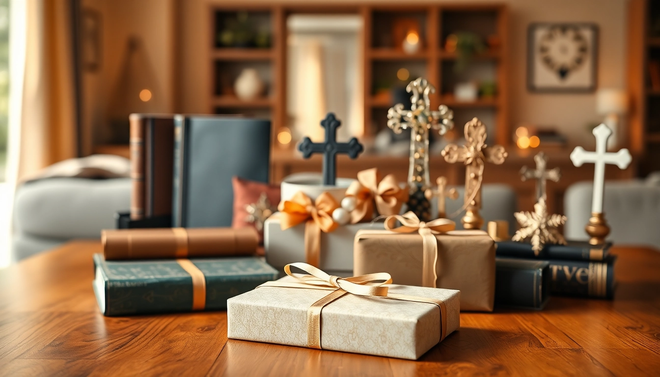 Explore Christian gifts beautifully arranged on a wooden table in a cozy setting.
