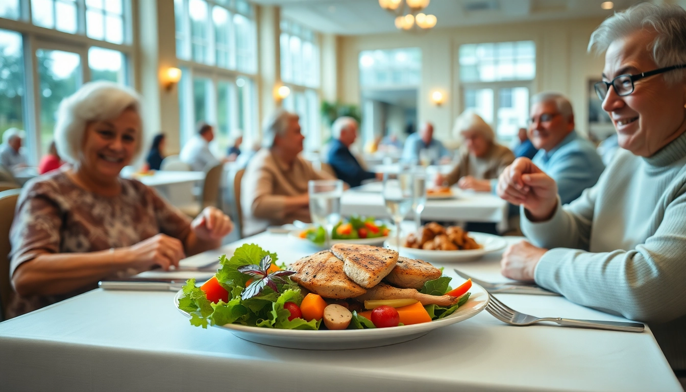 Enjoy a vibrant scene of seniors at a table savoring the henderson nv senior center menu, emphasizing social engagement and culinary delight.