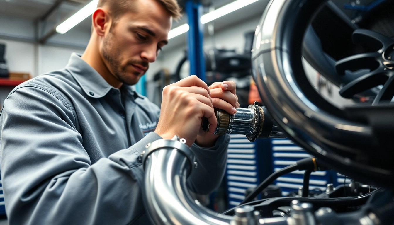 Mechanic installing charge piping in a well-lit automotive workshop, showcasing tools and vehicle components.
