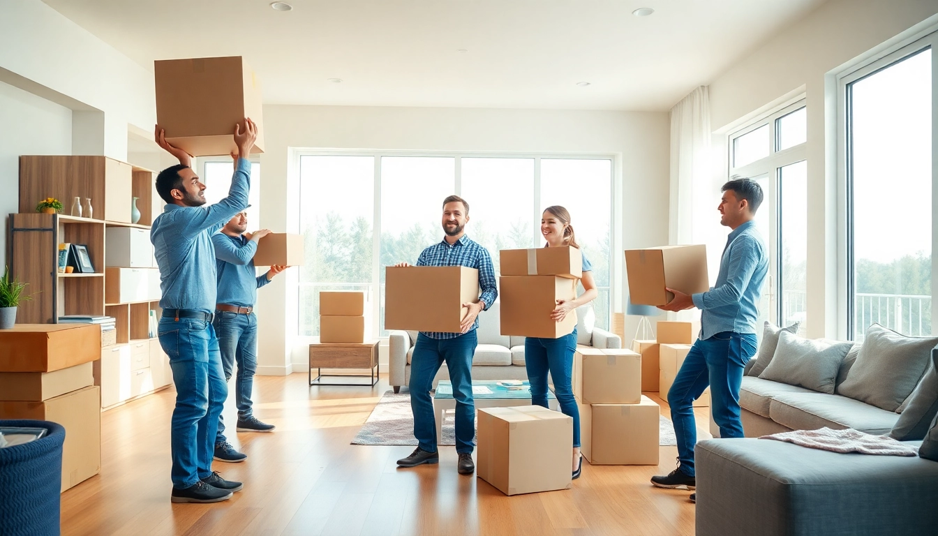 Best moving company Toronto team efficiently moving boxes in bright living room.