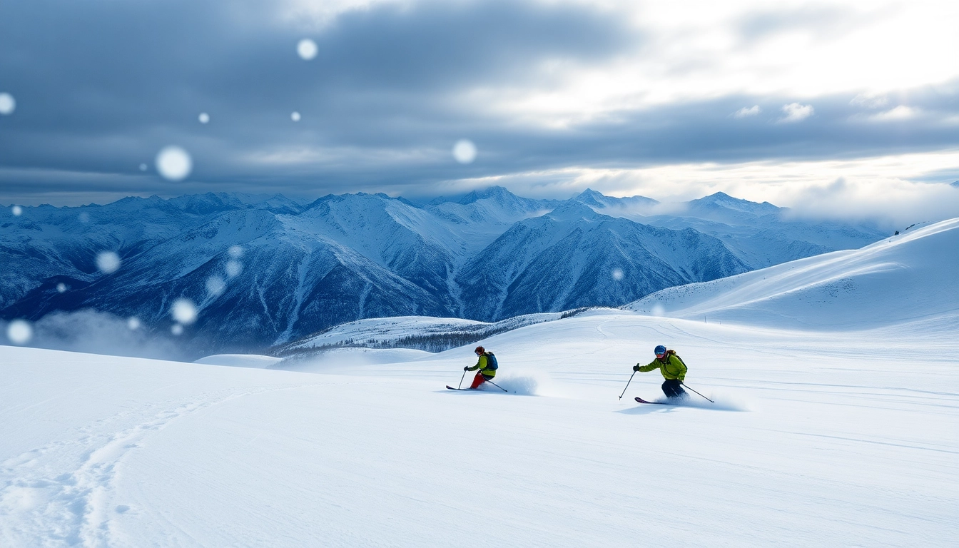 Capture the excitement of the snow report for XXX with skiers enjoying fresh powder on the mountain.