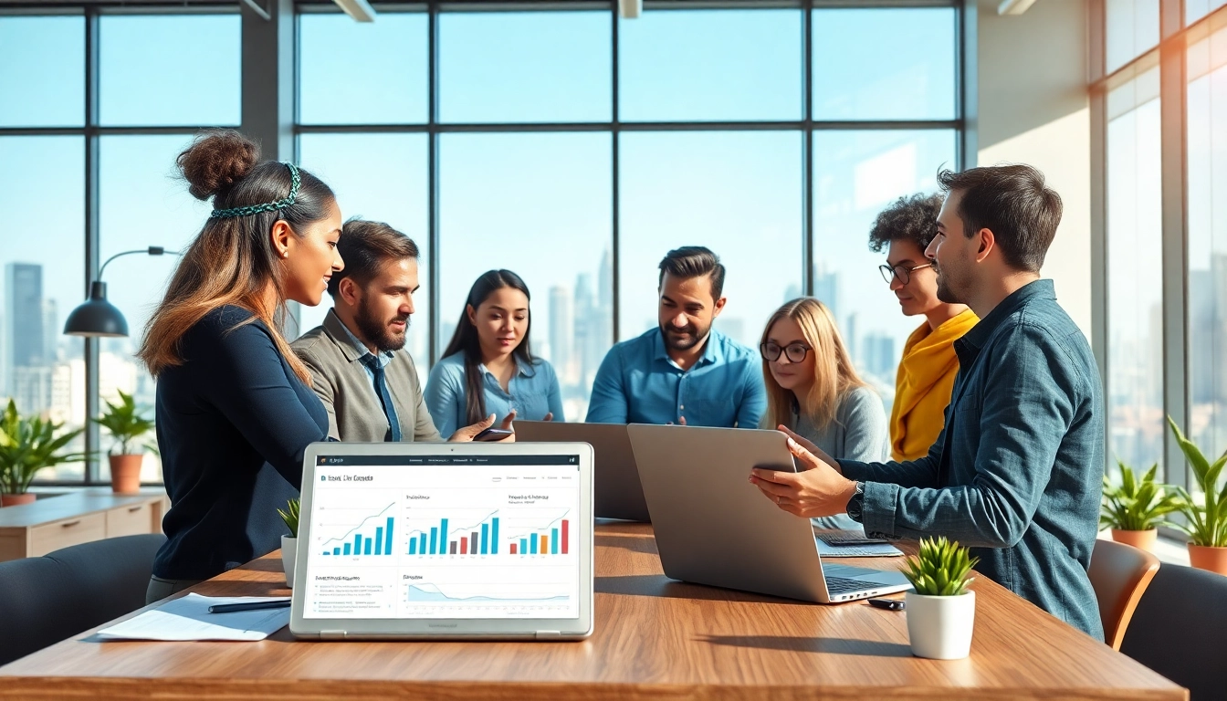 Team collaborating at a Link Building Agency in a modern office setting with laptops and charts.