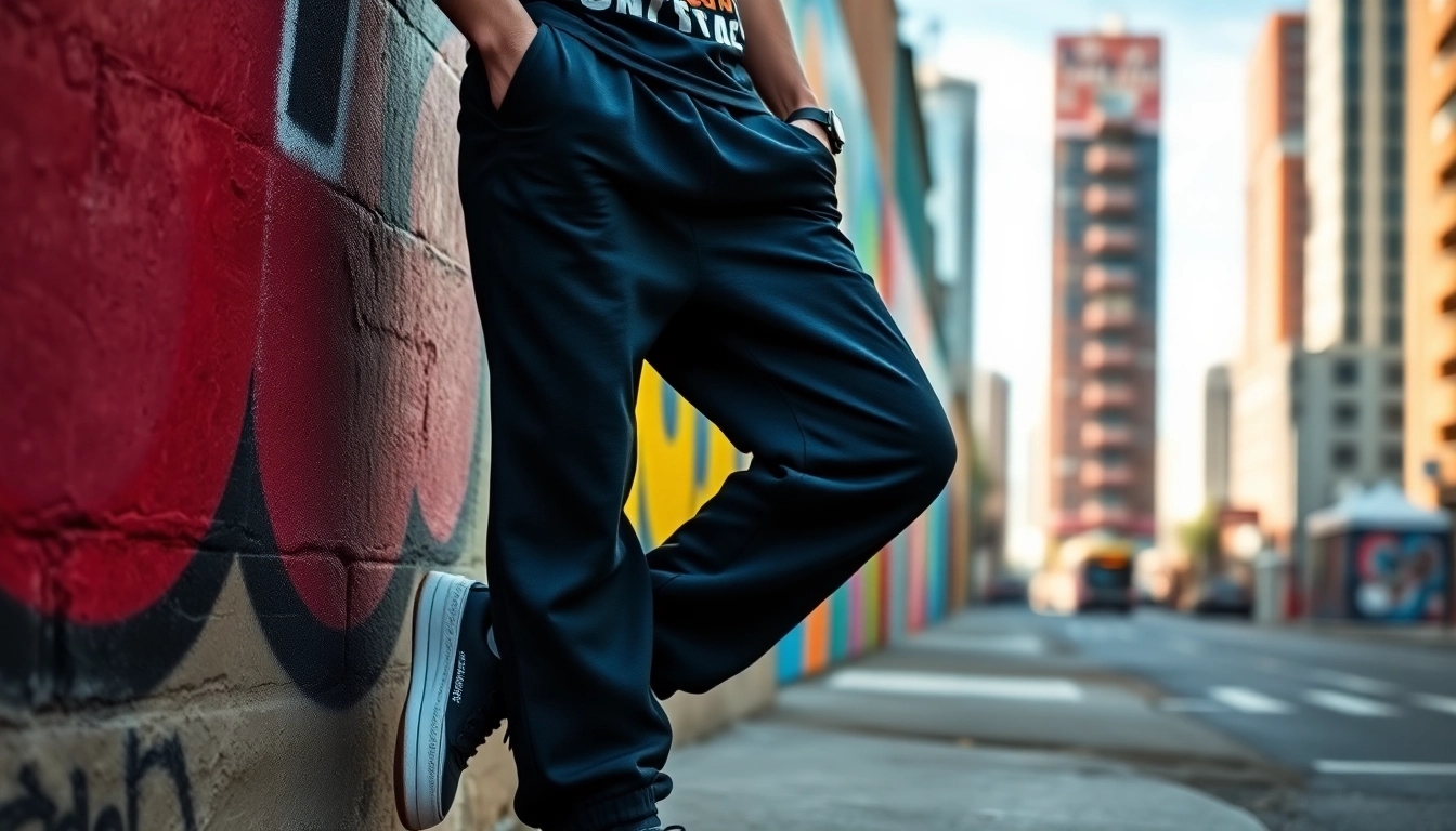 Stylish model wearing black baggy sweatpants against a vibrant urban backdrop.