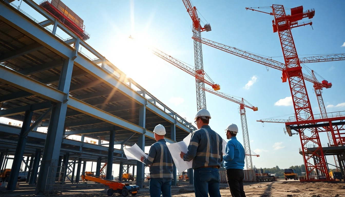 Engaging steel structure design with engineers collaborating on a site, showcasing teamwork and precision.