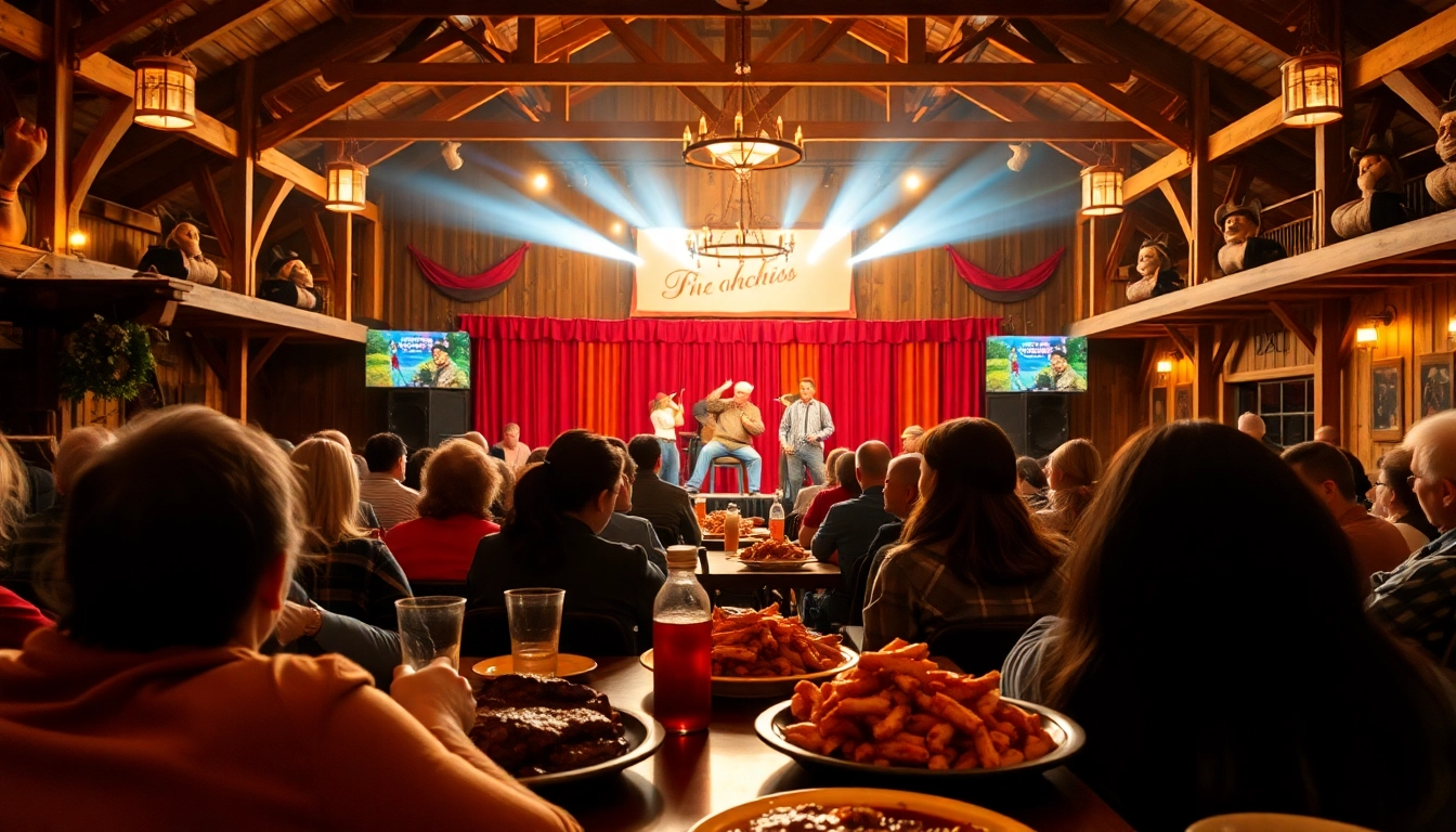 Enjoy a lively performance at firelight barn dinner theater showcasing delicious BBQ and entertainment.