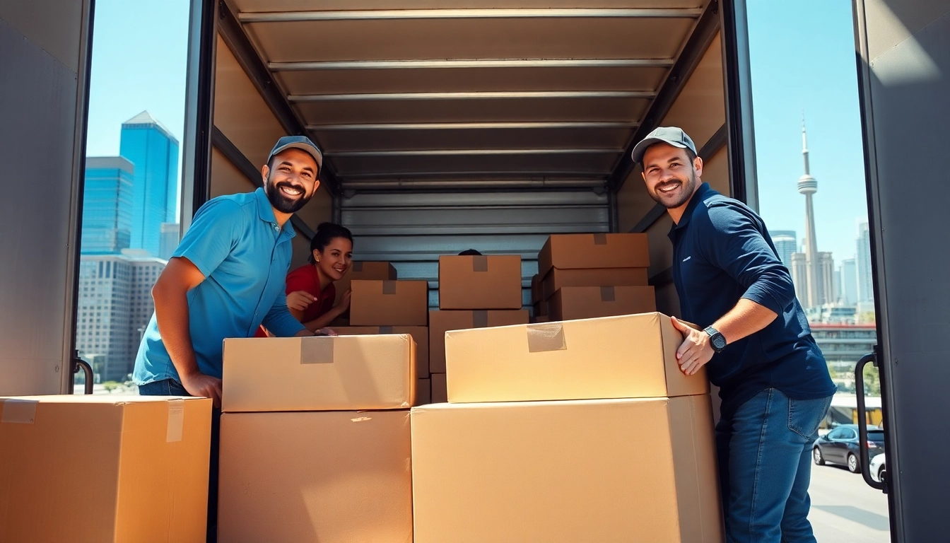 Movers in Toronto loading a moving truck with boxes in a vibrant city setting.